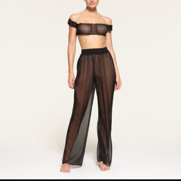 SKIMS Pants - SKIMS Size L Romance Chiffon Smocked Pant Onyx Black Silk Coverup Pants NWT